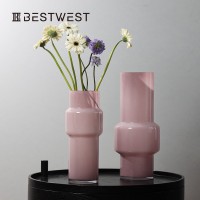 Best west 淺桃瓷粉不規(guī)則玻璃花瓶擺件 簡約ins家居玄關(guān)客廳花器
